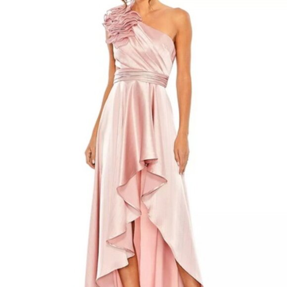 Ieena Mac Duggal Rose Asymmetric Ruffled Satin High-Low Gown